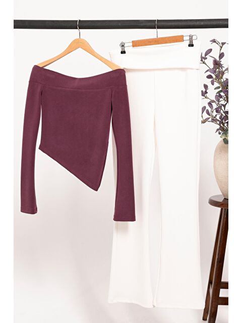 For You Moda Cupra Kumaş Bel Kıvrım Detaylı Kadın Alt Üst Takım | Bordo Krem - S000423241-19951