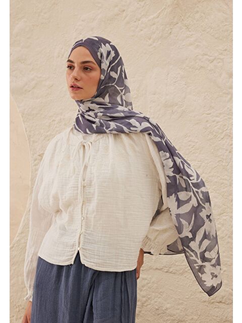 Fresh Scarfs Petunia Desen Rami Şal İndigo - S000459710-23093