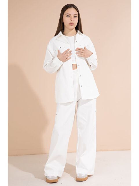 Cansın Mini Beyaz Kalp İşlemeli Gömlekli Geniş Paça Pantolonlu Kız Çocuk Gabardin Takım 23553 - S000505422-20063