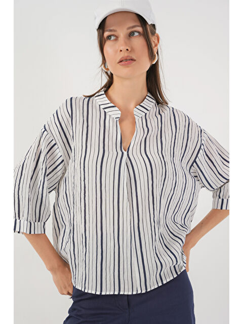 Bigdart Kadın Çizgili Oversize Bluz 967 - F.Lacivert - S000422769-37356