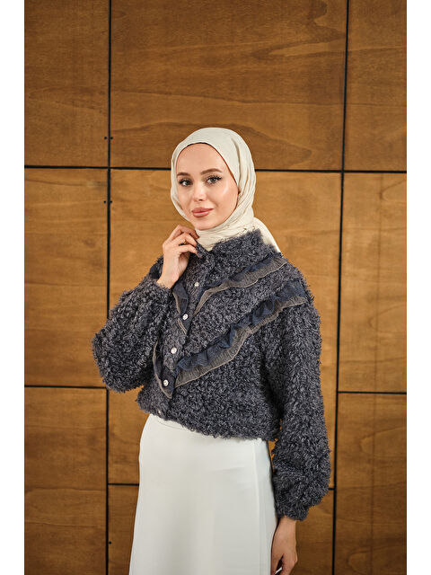 Locco Moda Kadın Dantelli V Kat Hırka Antrasit - S000492511-29666