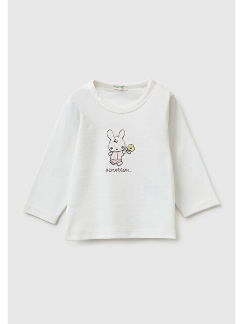 United Colors Of Benetton Bebek Beyaz Su Bazlı Logo Baskılı Omzu Gizli Çıtçıtlı Uzun Kollu T-Shirt - S000517348-20063