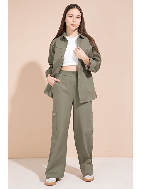 Cansın Mini Haki Kalp İşlemeli Gömlekli Geniş Paça Pantolonlu Kız Çocuk Gabardin Takım 23554 - S000505422-18547