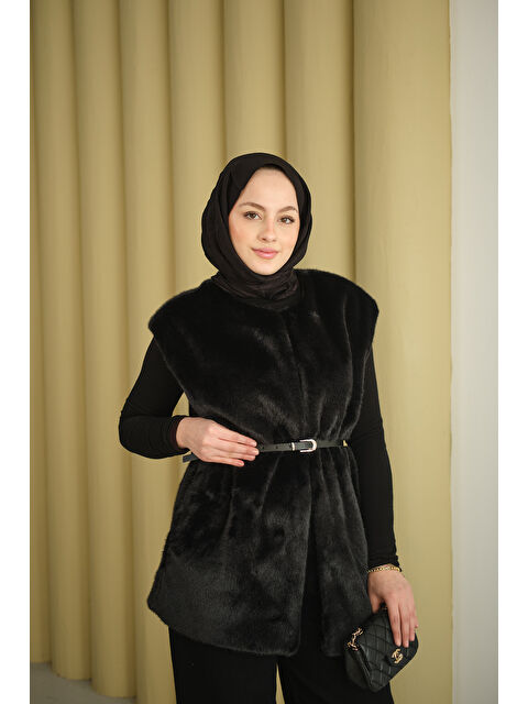 Locco Moda Kadın Kemer Detay Pelüş Yelek Siyah - S000492491-19351