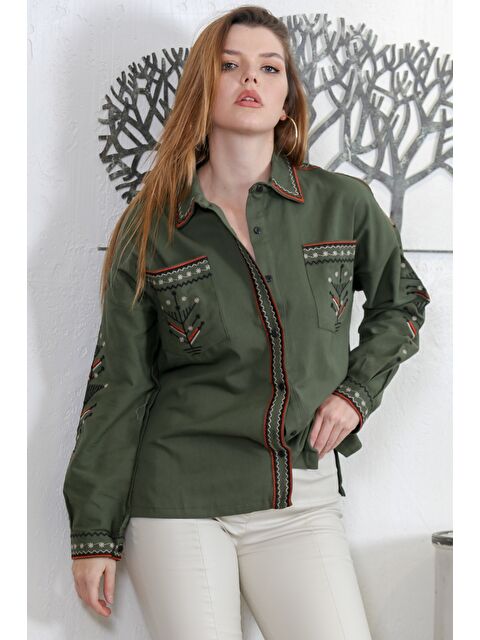 Chiccy Koyu Yeşil Gömlek Yaka Uzun Kol Çift Cepli Yaka Ve Kol Ucu Nakışlı Dokuma Casual Gömlek - S000359014-19416