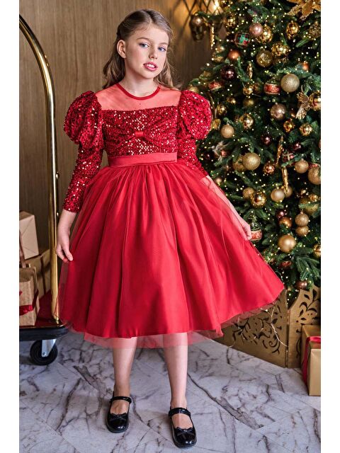 Riccotarz Kız Çocuk Kayık Yaka Şeffaf Tül ve Göğsü Kadife Pul Detaylı Eteği Kabarık Balon Kol Kırmızı Abiye - S000488465-20045