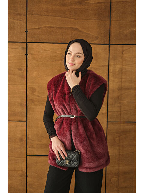 Locco Moda Kadın Kemer Detay Pelüş Yelek Bordo - S000492491-19951