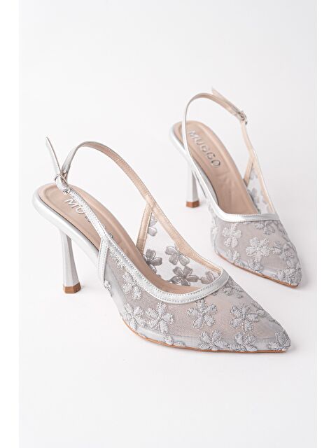 Muggo ARİS Dantel Detaylı Sivri Burun Arkası Açık İnce Topuklu Kadın Abiye Ayakkabı