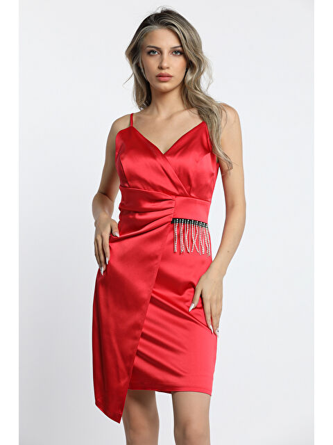 Gülseli Kadın Kruvaze Yaka İp Askılı Taşlı Drapeli Kısa Abiye Gece Kıyafeti - S000308326-20045