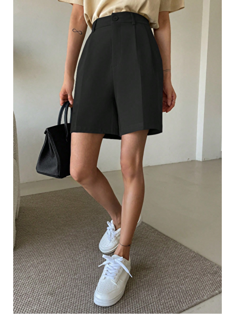 Tarz Cool Kadın Kısa Paça Yüksek Bel Oversize Fermuarlı Siyah Şort - S000423243-19351
