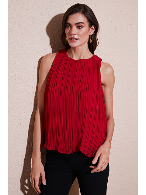 Lela Astarlı Kalın Askılı Standart Fit Bisiklet Yaka Şifon Kadın Bluz 611Fb220 - S000345673-20045