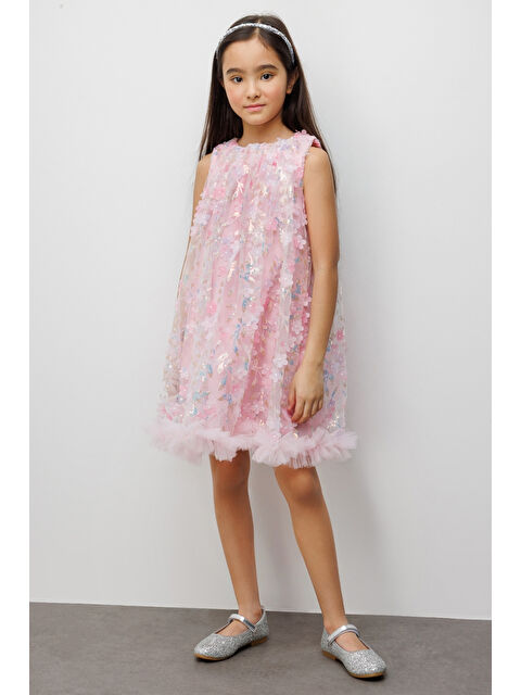 Le Mabelle Pembe Çiçek Kabartmalı Kız Çocuk Elbise - Ivory - S000513312-20024