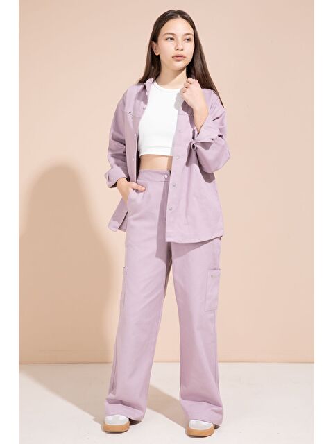 Cansın Mini Pembe Kalp İşlemeli Gömlekli Geniş Paça Pantolonlu Kız Çocuk Gabardin Takım 23552 - S000505422-20024