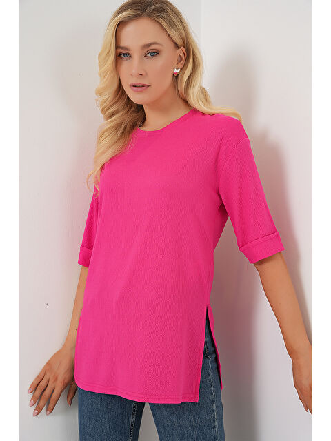 Bigdart 4332 Yanı Yırtmaçlı Örme Tişört - Fuşya - S000090076-18686