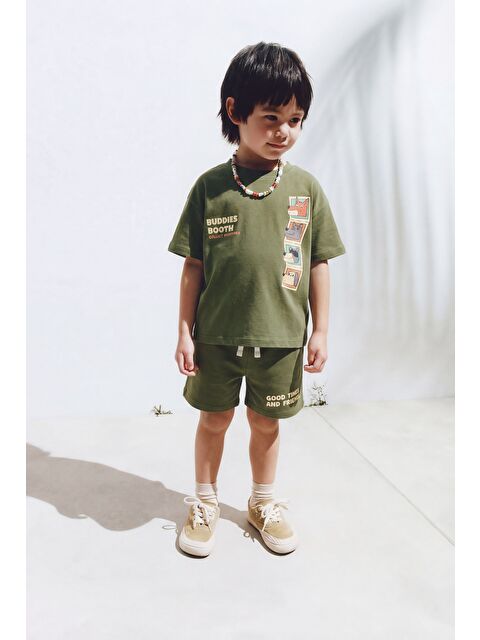 Magu Unisex Çocuk Pamuklu Haki Baskılı Tişört Şort Takım