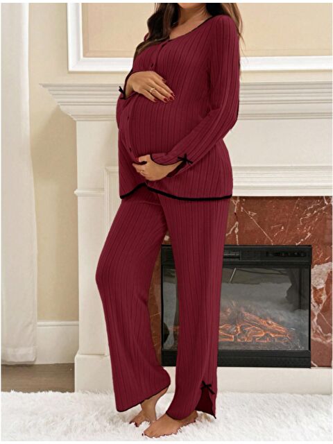 MİSS DÜNYA LİSSA Bordo Soft Elegance Yumoş Düğmeli Ayarlanabilir Bel Lohusa Pijama Takımı - S000494457-19951
