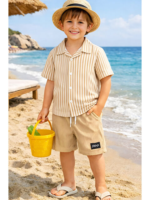 Modanino Erkek Çocuk Alt-Üst Takım (Waffle Gömlek+Ottoman Şort) 3-12 Yaş 12569HC