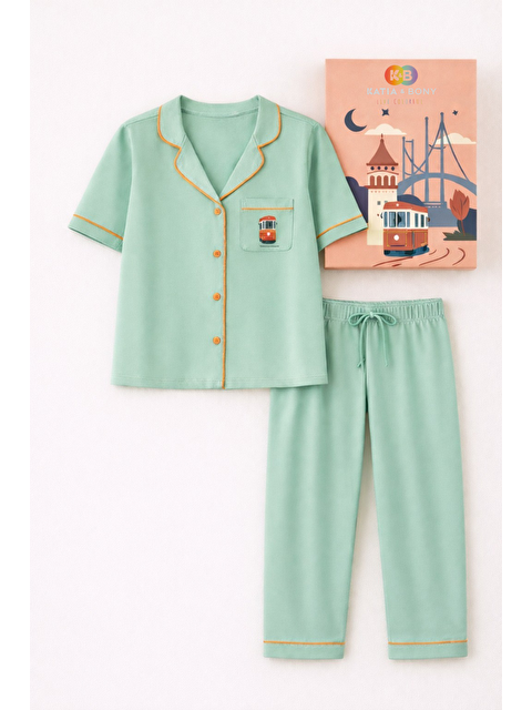 Katia And Bony Kadın İstanbul Serisi Tren Desenli Premium Kutulu Pijama Takımı Yeşil - S000494459-18194