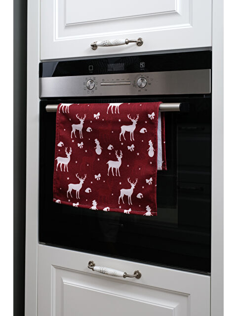 Asdiva Yılbaşı Temalı Ren Geyiği Kardan Adam Detaylı Dekoratif Mutfak Fırın Kurulama Bezi Bordo - 35x55cm - S000484574-37252