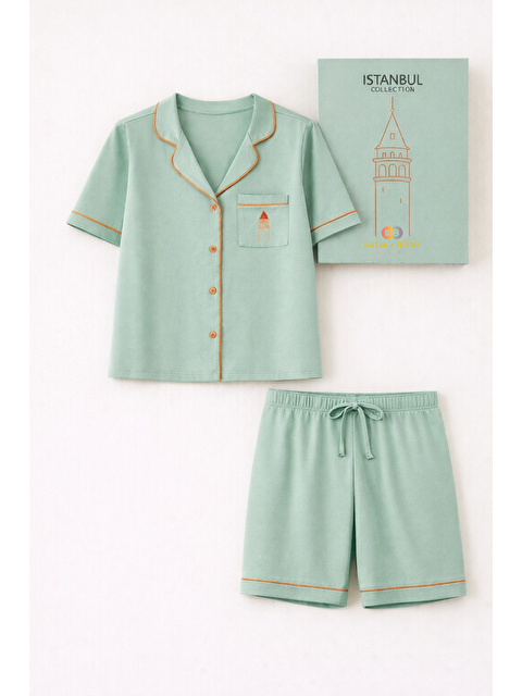 Katia And Bony Kadın İstanbul Serisi Galata Kulesi Desenli Premium Kutulu Şortlu Pijama Takımı Yeşil - S000494460-18194