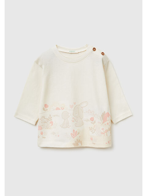 United Colors Of Benetton Bebek Krem Omzu Ahşap Düğmeli Su Baskılı Nakışlı Uzun Kollu T-Shirt - S000517352-19966