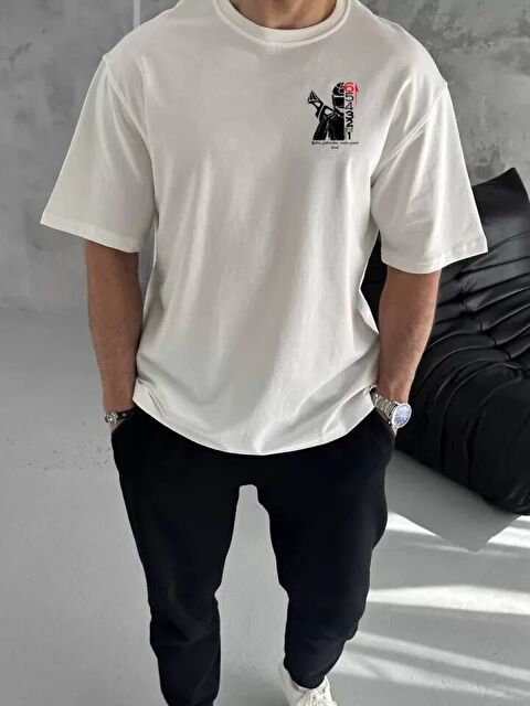 Jane's Unisex Bisiklet Yaka Baskılı Oversize T-Shirt - Beyaz