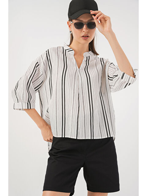 Bigdart Kadın Çizgili Oversize Bluz 967 - Taş - S000422769-25636