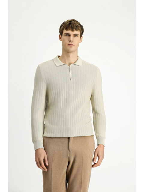 Kiğılı Polo Yaka Regular Fit Desenli Fermuarlı Pamuklu Triko Kazak - S000494184-25636