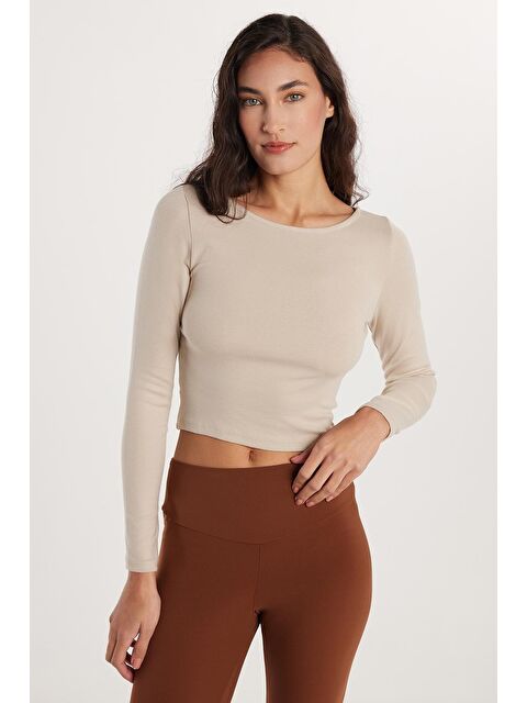 TUDORS Kadın Slim Fit Dar Kesim Modal Kumaş Uzun Kollu Bisiklet Yaka Taş Rengi Bluz - S000521165-25636