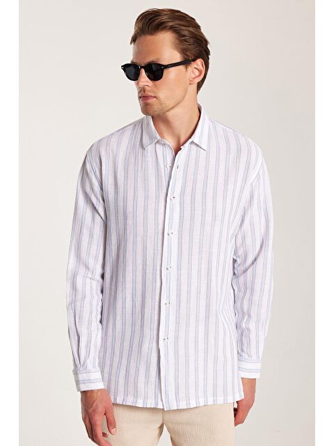 TUDORS Relax Fit Oversize Dökümlü Rahat Kesim Çizgili Keten Spor Erkek Gömlek - S000518961-23173