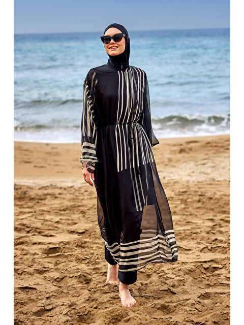 Marina Beli Bağlamalı Desenli Plaj Elbisesi Pareo Kaftan P2511 - S000520430-6418