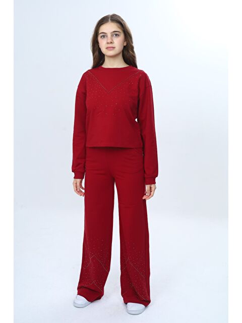 Toontoykids Kız Çocuk 2'li Takım Taş İşlemeli Bisiklet Yaka Sweatshirt & Beli Lastikli Bol Paça Cepli Eşofman Al - S000497577-19951