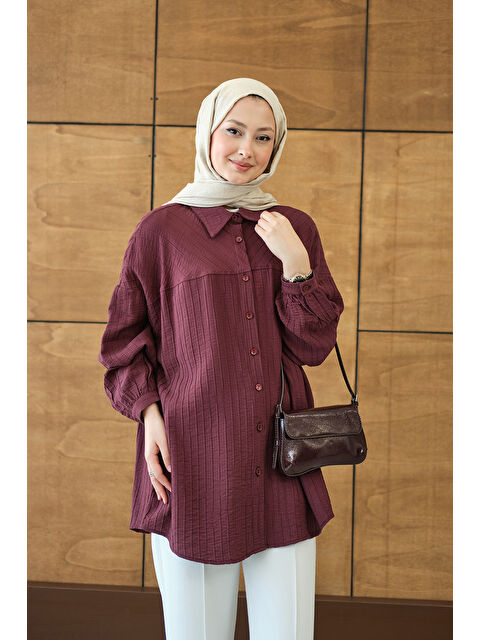 Locco Moda Kadın Kendinden Desenli Biyeli Gömlek Bordo