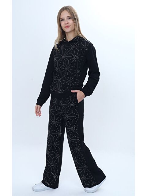 Toontoykids Kız Çocuk 2'li Takım Taş İşlemeli Kapüşonlu Sweatshirt & Beli Lastikli Bol Paça Cepli Eşofman Altı - - S000497578-19351