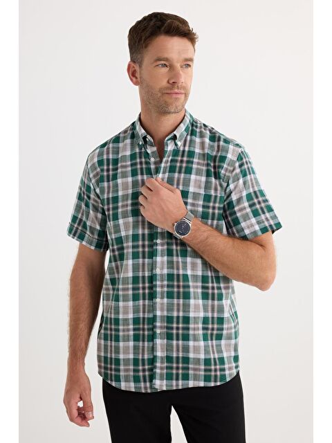 TUDORS Erkek Regular Fit Klasik Kesim %100 Pamuk Keten Doku Cepli Kareli Kısa Kollu Düğmeli Yaka Gömlek - S000518967-23173