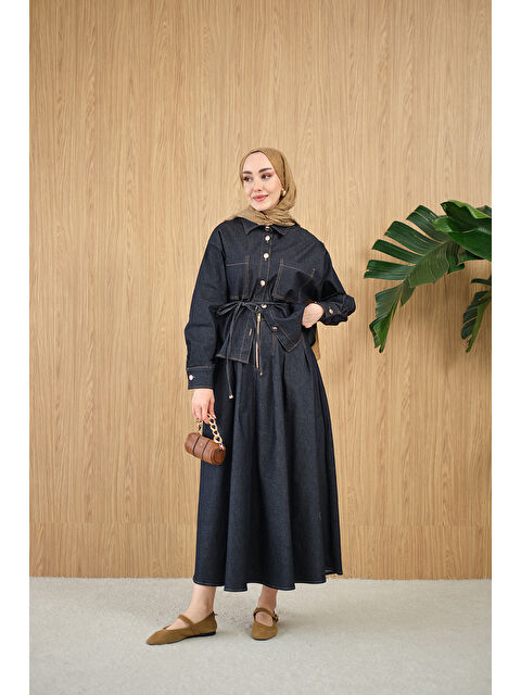 Locco Moda Kadın Çift Cep Detay Bel Bağlamalı Jean Takım Lacivert