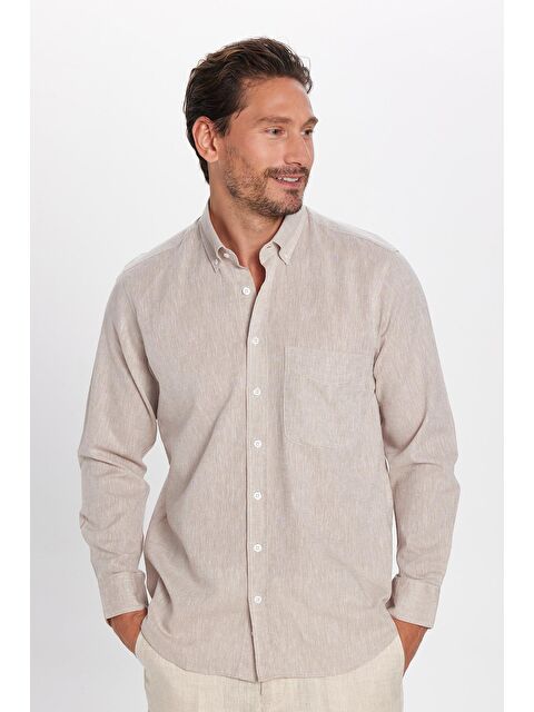 TUDORS Erkek Regular Fit Klasik Kesim Pamuklu Keten Doku Düğmeli Yaka Taş Gömlek