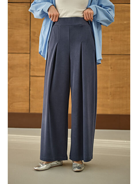 Locco Moda Kadın Bol Paça Pantolon İndigo Mavi