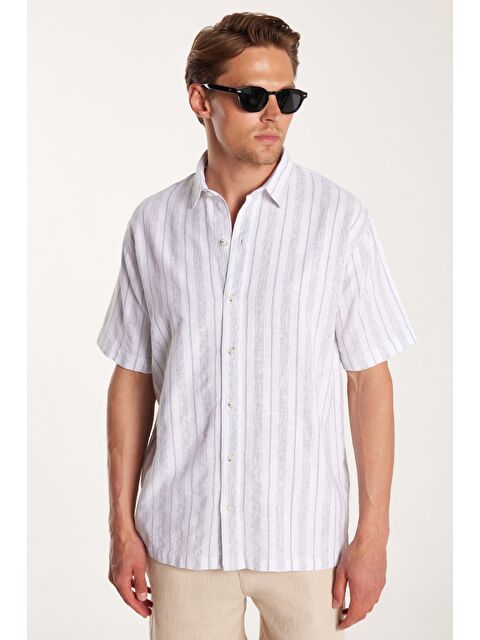 TUDORS Relax Fit Oversıze Pamuklu Keten Efekt Çizgili Özel Tasarım Erkek Gömlek - S000518966-23173