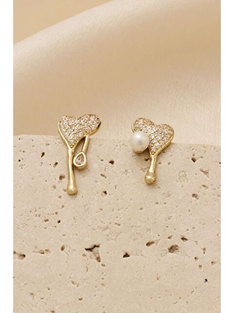 New Obsessions Zarif İnci Ve Kalp Detaylı Çivi Küpe - S000436352-20076