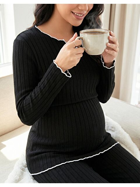 MİSS DÜNYA LİSSA Siyah Yumoş Dokulu Emzirmeye Uygun Ayarlanabilir Bel Destekli Hamile & Lohusa Pijama Takımı - S000494461-19351