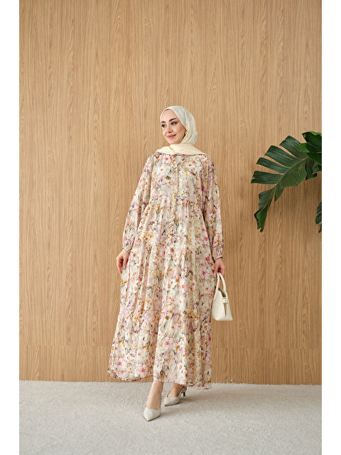 Locco Moda Kadın Soft Lale Desen Elbise Yeşil