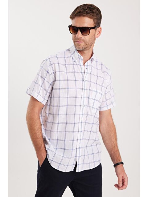 TUDORS Erkek Regular Fit Klasik Kesim %100 Pamuk Keten Doku Cepli Kareli Kısa Kollu Düğmeli Yaka Gömlek - S000518969-23173