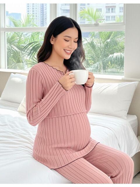 MİSS DÜNYA LİSSA Gül Kurusu Yumoş Dokulu Emzirmeye Uygun Ayarlanabilir Bel Destekli Hamile & Lohusa Pijama Takımı - S000494461-20028