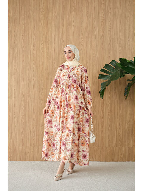 Locco Moda Kadın Soft Çiçek Desen Elbise Mürdüm