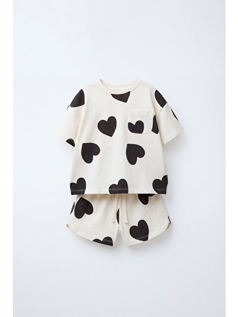 Magu Kız Çocuk Pamuklu Kalp Desenli Tişört Şort Takım - Cepli