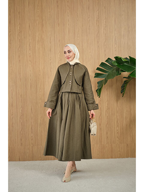 Locco Moda Kadın Pelerin Detay Gold Düğmeli Jean Takım Yeşil