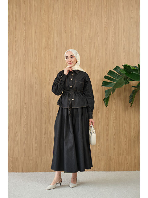 Locco Moda Kadın Çift Cep Detay Bel Bağlamalı Jean Takım Füme