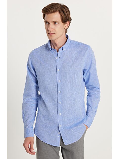 TUDORS Erkek Slim Fit Dar Kesim Uzun Kollu Keten Premium Seri Düğmeli Yaka Spor Mavi Gömlek - S000518971-17234