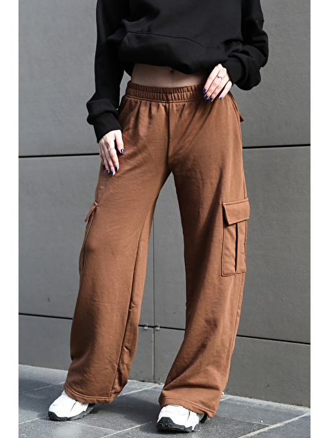 Madmext Kadın Kahverengi Geniş Paça Kargo Cepli Eşofman Altı Mg1615 - S000031385-19413